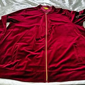 BOMBER JACKET, VELVET, RED, SIZE 4X, ZIP FRONT, HIP SLASH POCKETS AND ARM POCKET